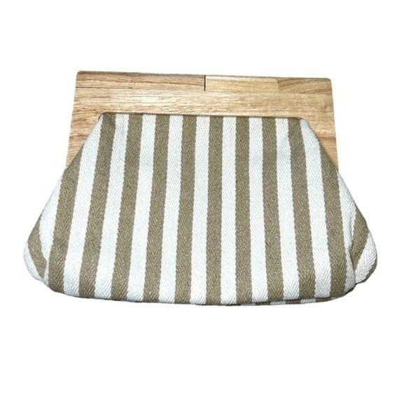 COTTON WHITE TAN STRIPE WOODEN HANDLE BOUTIQUE CLUTCH BAG PURSE - Picture 1 of 6